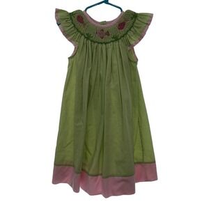 Silly Goose Smocked Dress Girls Size 2 Gingham Pink Green Floral Embroidery